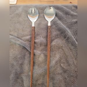 Set Of Fork & Spoon, Sleek Wood & Stainless Steel Serving Utensils Made In Japan